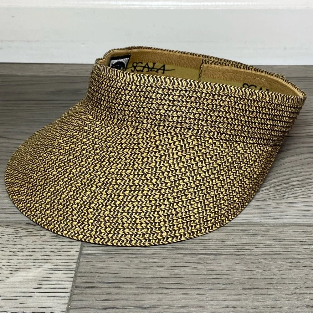 Scala Straw Visor Hat Women’s One Size Adjustable Tan/Black SunHat Golf Beach - Picture 11 of 11